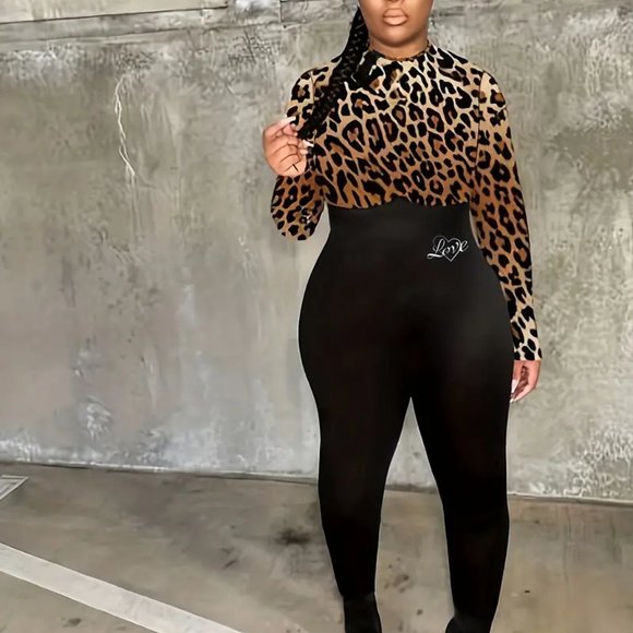 Contrast Leopard & Letter Print Jumpsuit, Sexy Long Sleeve Skinny Jumpsuit - Picture 3 of 4
